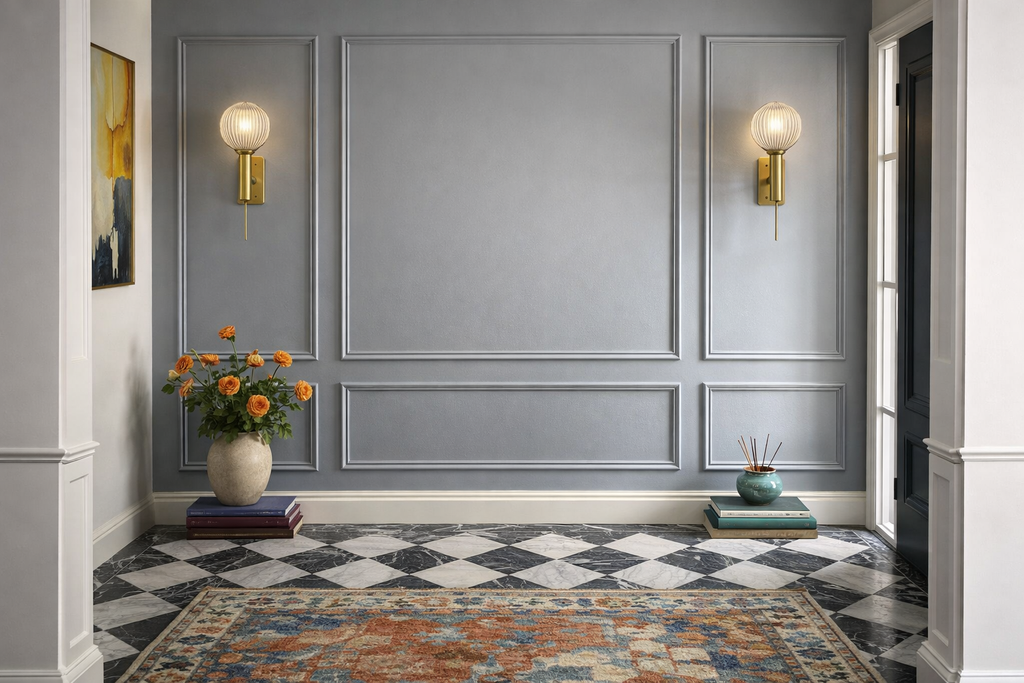 Decorative interior with gray paneled walls, a patterned rug, and wall sconces.