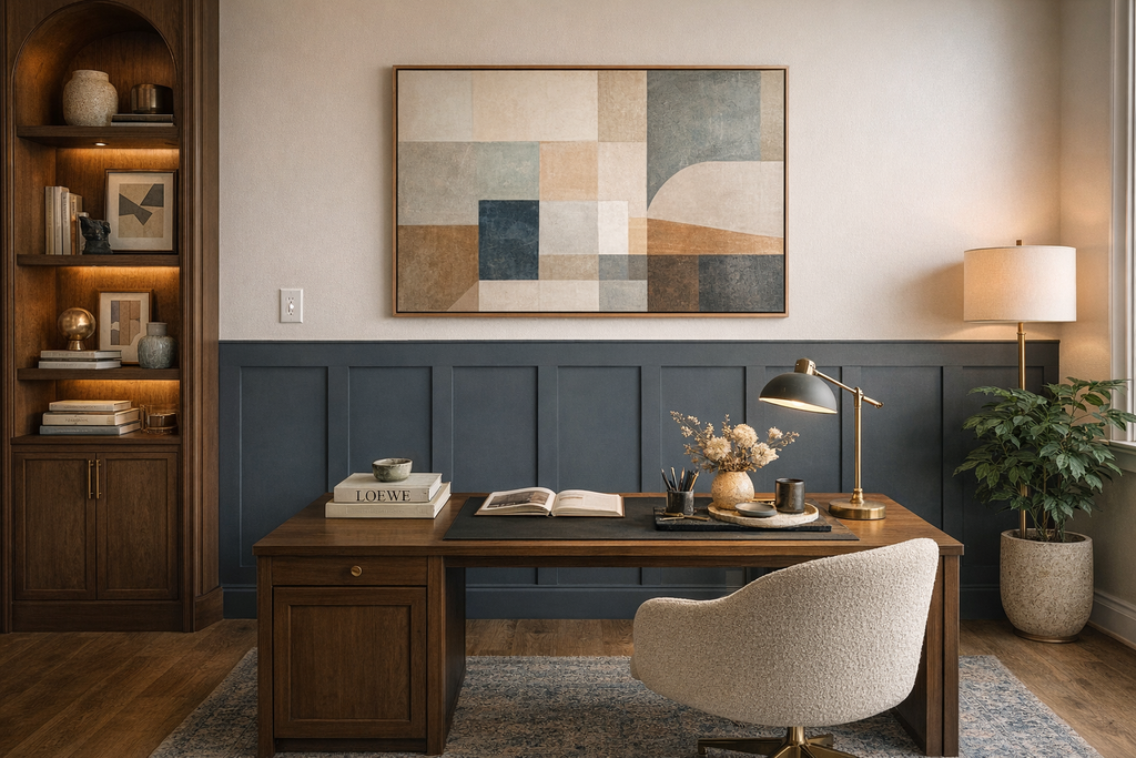 precut shaker wall molding frames forming half wall decorative panels- Home office with wooden desk, chair, and wall art