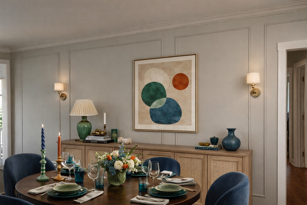 precut wall molding kit 3 frame accent wall decorative wall panel trim installation- Dining room with a table set for a meal, chairs, and decorative elements.