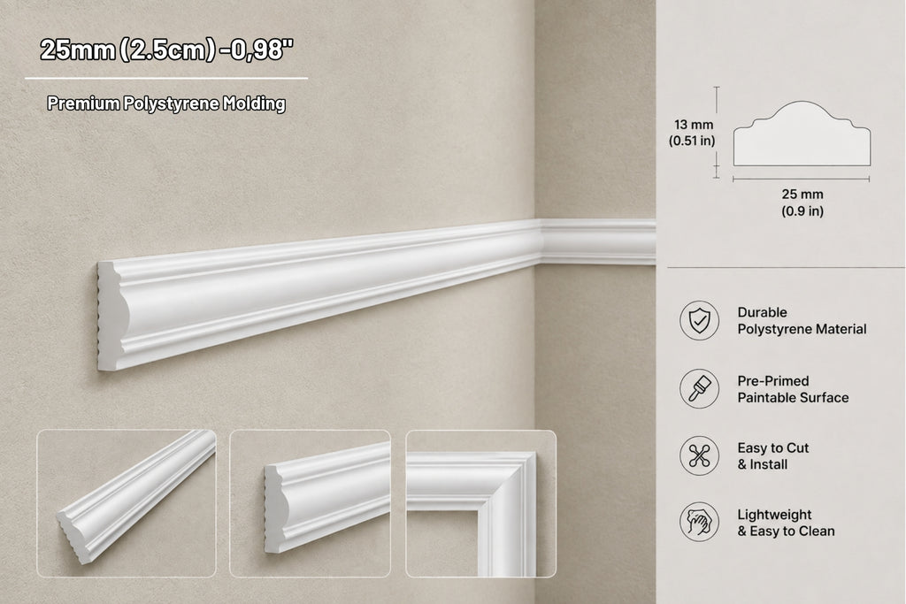 White premium polystyrene molding trim shown installed on a beige wall, with inset detail views and a features panel on the right. Text at top reads 25 mm (2.5 cm)- 0,98"