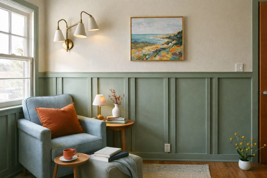 Ready-to-install wall molding kit displayed in an elegant living room featuring paintable polystyrene trim and decorative wall panel design with a blue armchair, side table, and wall art.
