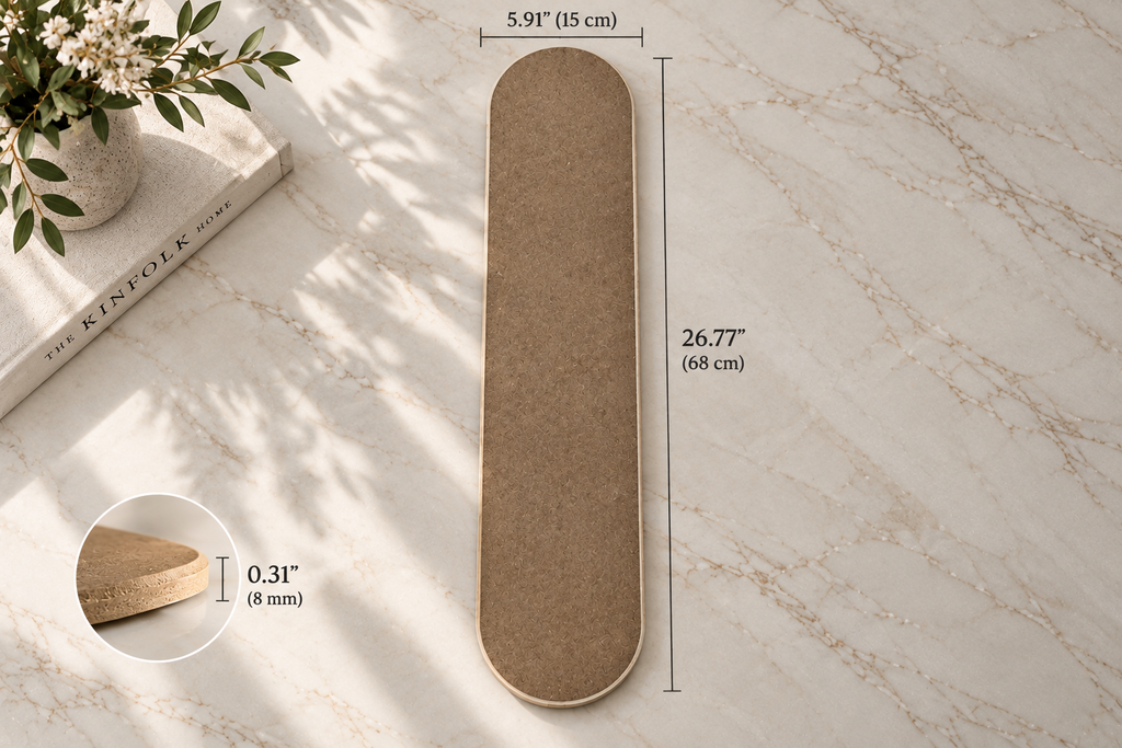 A long, narrow brown felt or carpet sample shown on a light marble surface with overlaid dimension labels: 5.91 inches (15 cm) wide and 26.