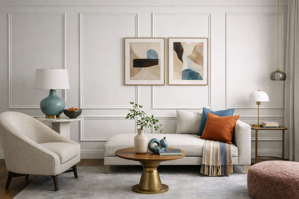 self adhesive peel and stick wall molding trim creating decorative living room panel wall- Modern living room with a sofa, armchair, coffee table, and abstract art on the wall.