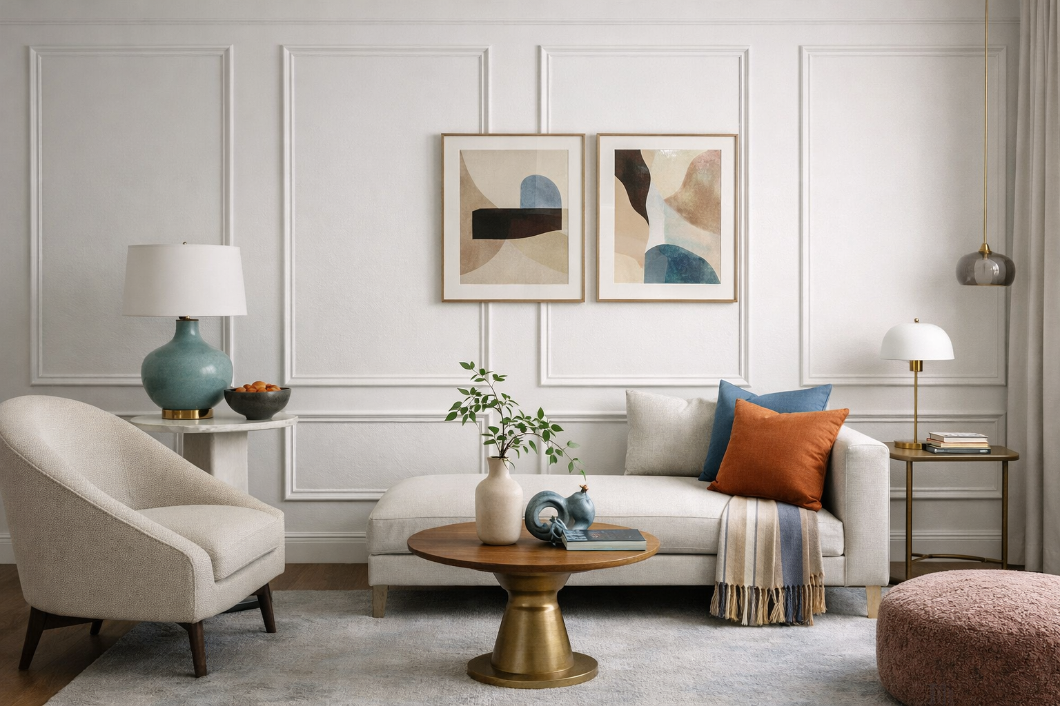 self adhesive peel and stick wall molding trim creating decorative living room panel wall- Modern living room with a sofa, armchair, coffee table, and abstract art on the wall.