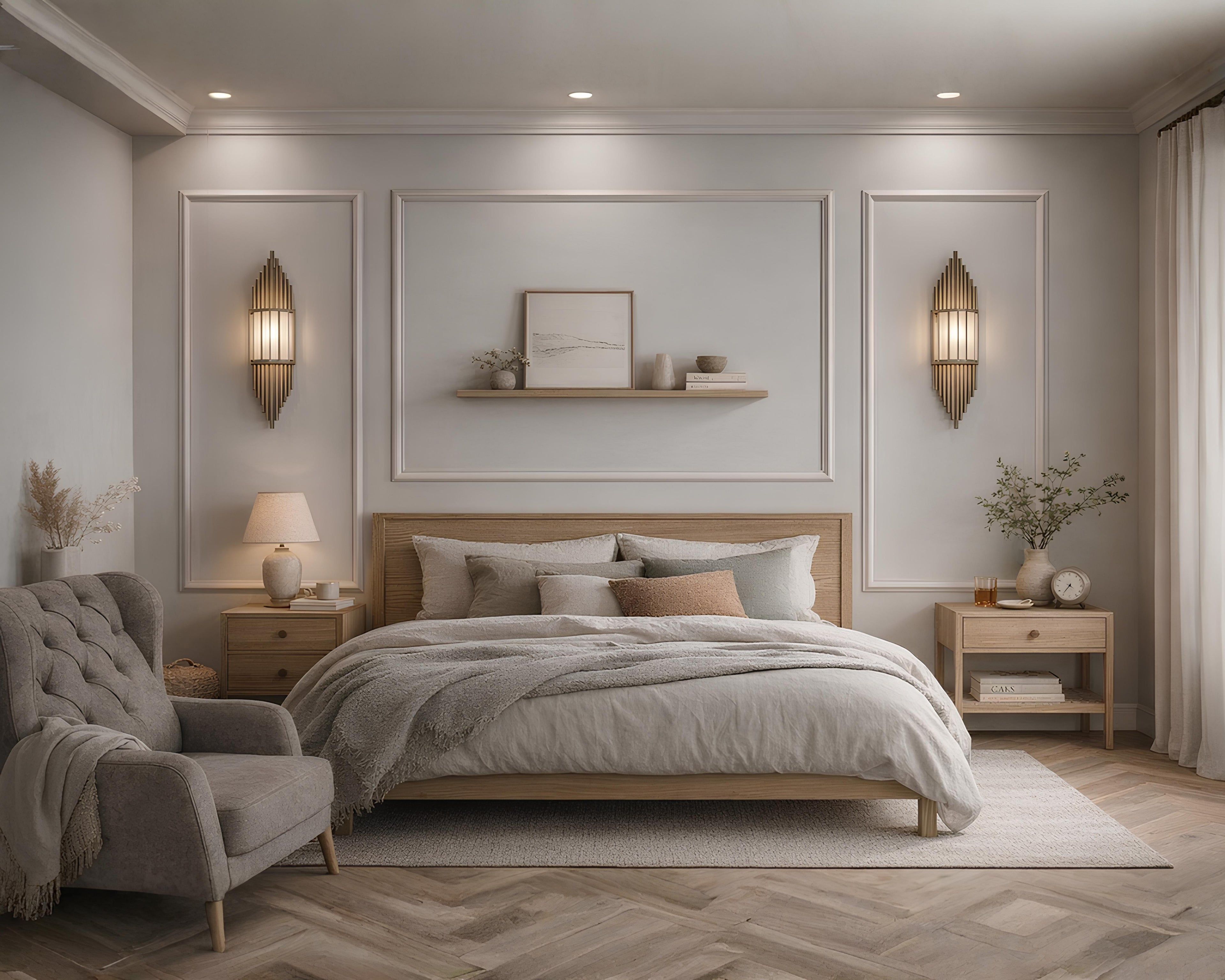 self adhesive wall molding trim forming elegant bedroom accent wall design-  Modern bedroom with a bed, armchair, and decorative elements.