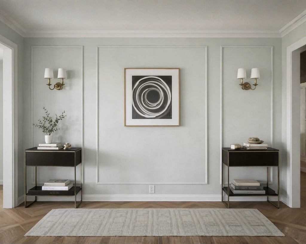 self adhesive wall panel molding kit installed for modern accent wall-Modern interior with two dark wood side tables against a light gray wall with a circular artwork.