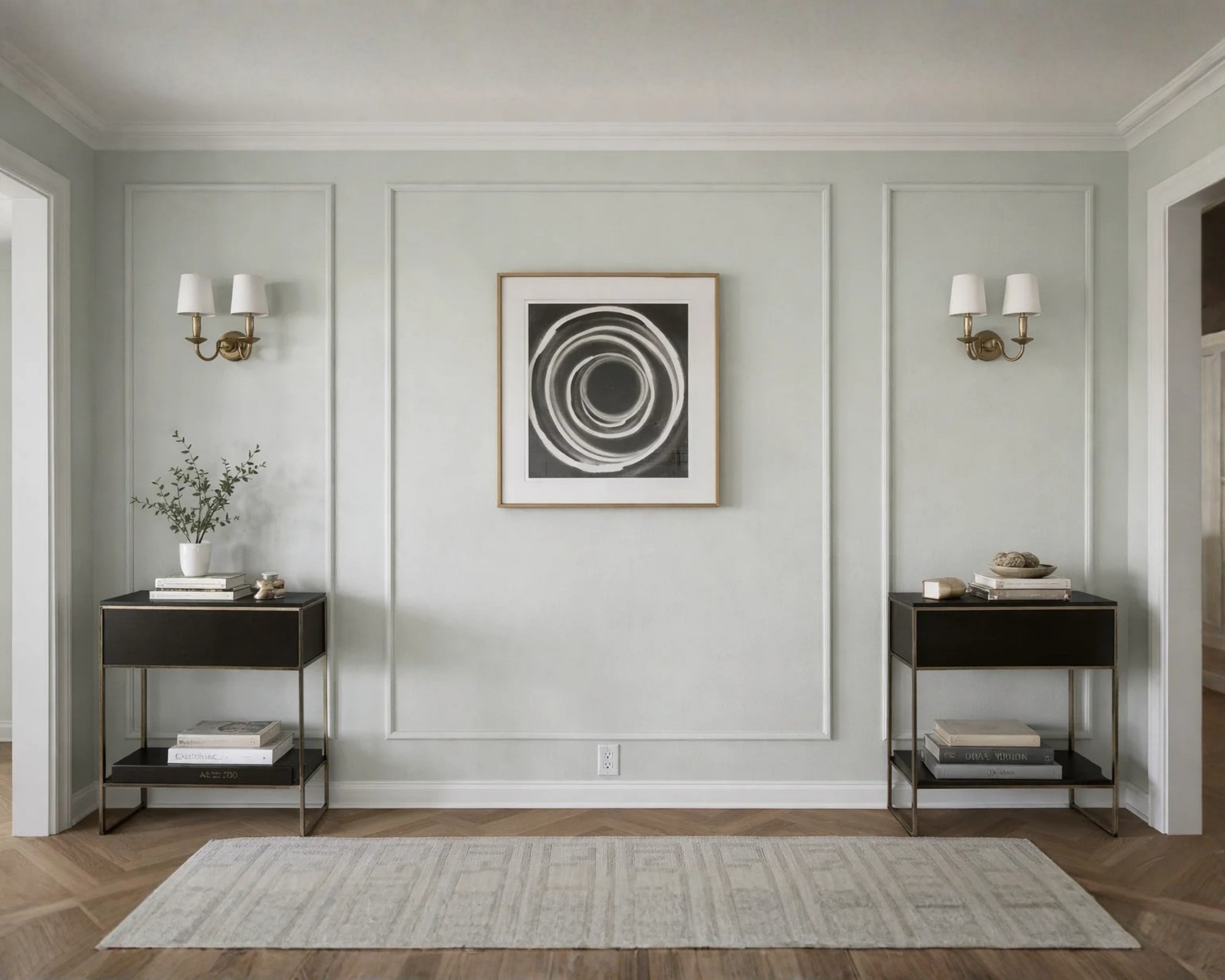 self adhesive wall panel molding kit installed for modern accent wall-Modern interior with two dark wood side tables against a light gray wall with a circular artwork.