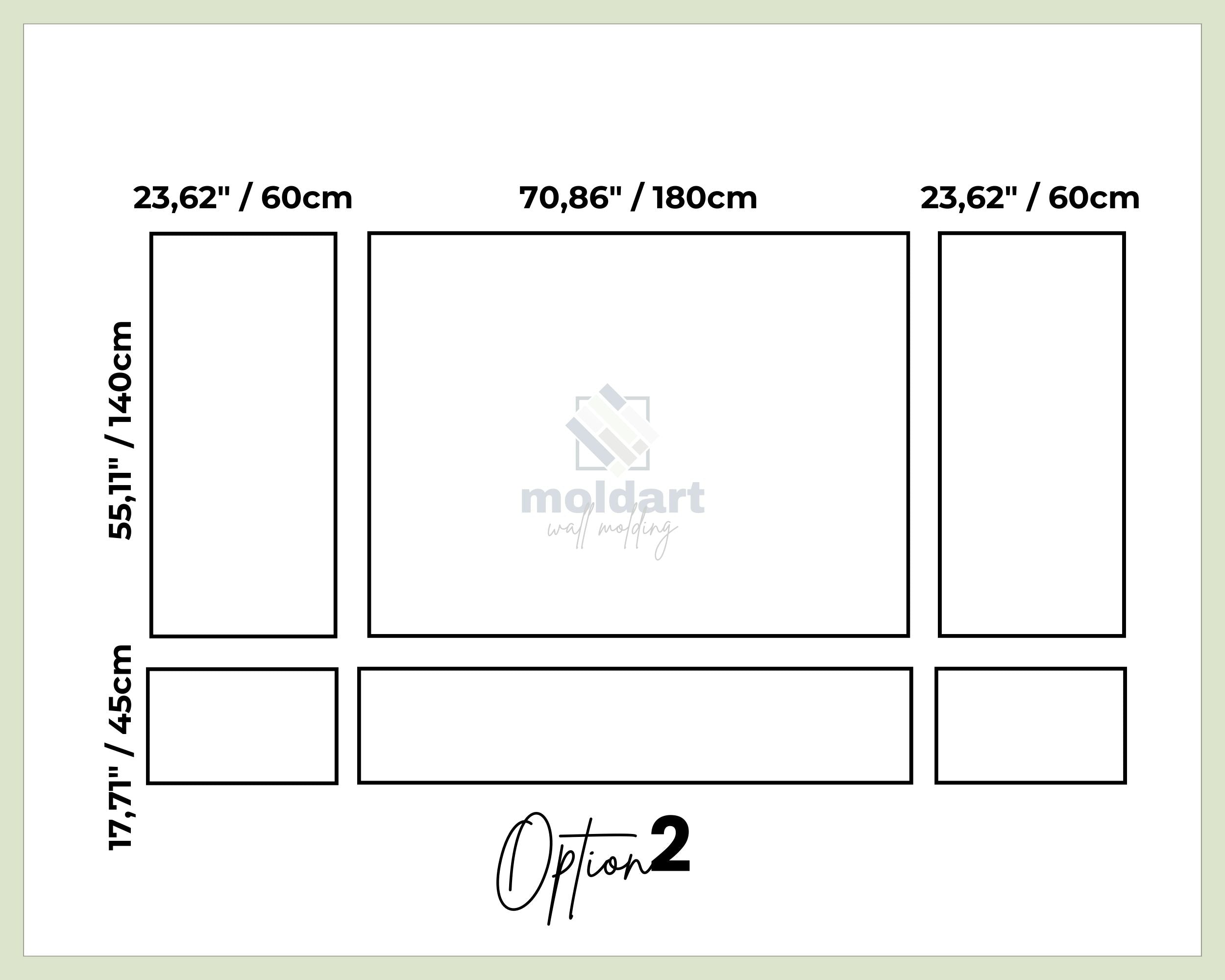 self adhesive wall trim measurement chart for moldart wall molding with dimensions in inches and centimeters.