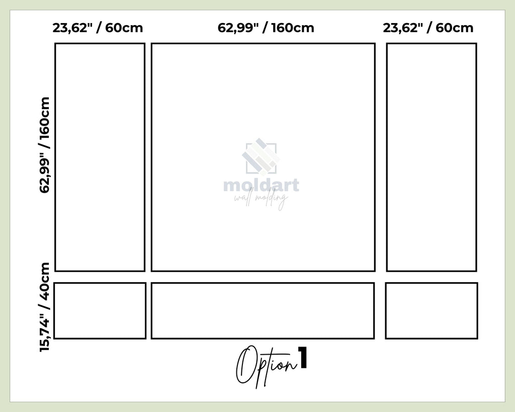 self adhesive wall trim measurement chart with dimensions in centimeters and inches.