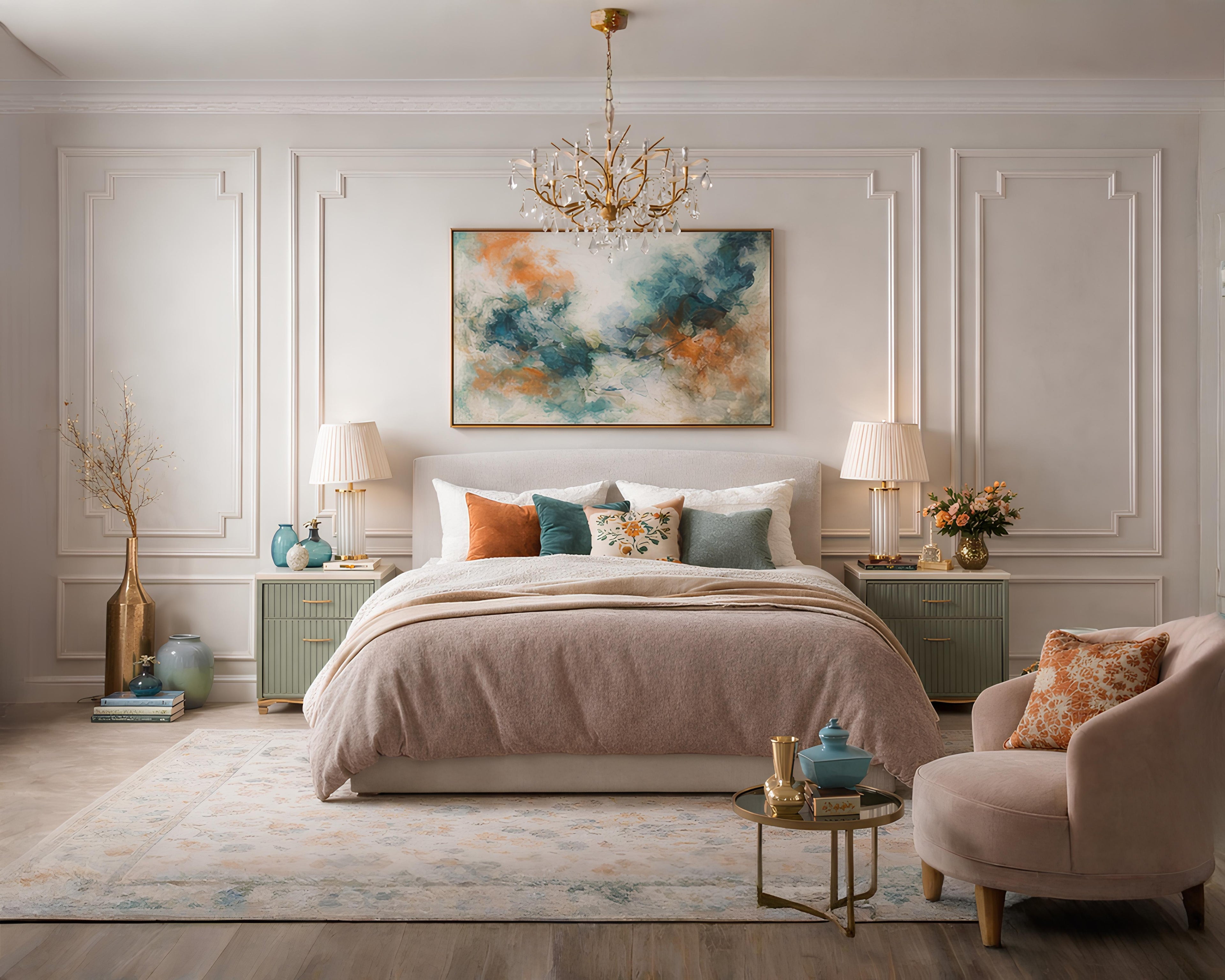 self adhesive wall trim pieces forming modern wall panel molding design- Neatly arranged bedroom with a bed, armchair, and decorative elements.
