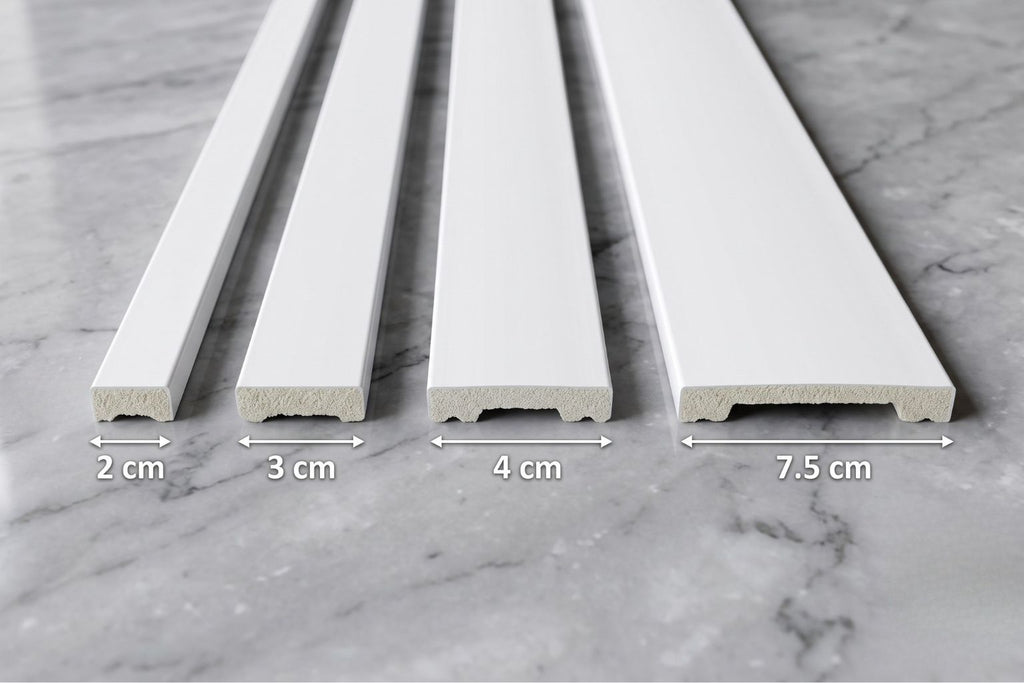 A product information graphic for white molding strips. The left side shows several white molding profiles arranged on a neutral surface, while the right side contains a text panel titled 'Quantity Description' with measurements, quantity examples, and shipping notes.