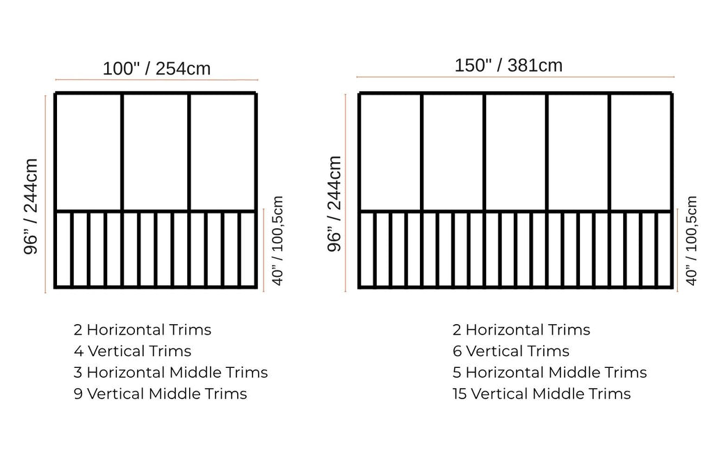 A black-and-white measurement diagram showing two rectangular panel layouts with dimension labels and counts for horizontal and vertical trims. The left panel is labeled 100 x 254 cm and the right panel is labeled 150 x 381 cm, with additional trim counts listed below each layout.