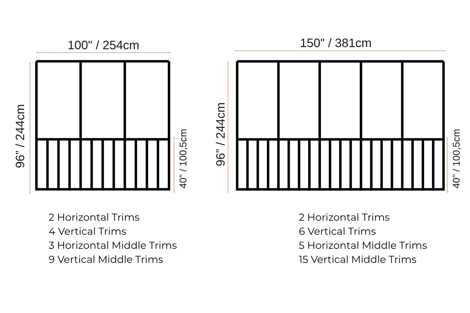 A black-and-white measurement diagram showing two rectangular panel layouts with dimension labels and counts for horizontal and vertical trims. The left panel is labeled 100 x 254 cm and the right panel is labeled 150 x 381 cm, with additional trim counts listed below each layout.