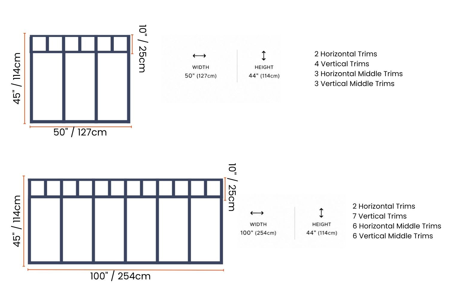 A dimension diagram showing two rectangular fence panel layouts with measurements in inches and centimeters, plus lists of trim quantities for different panel sizes on a white background.