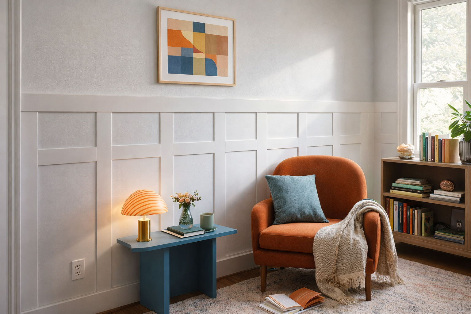 Cozy living room with board and betten style shaker wall paneling, an orange armchair, side table, and bookshelf.