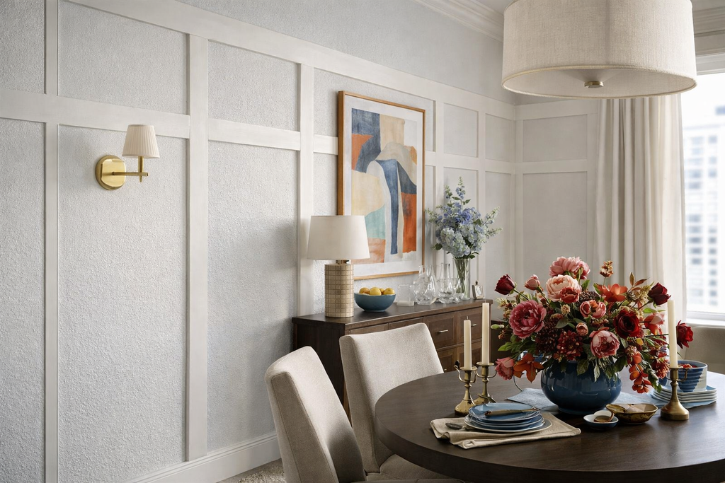 shaker style half wall molding panels creating decorative wall frames- Dining room with a table set for a meal, flowers, and wall art.