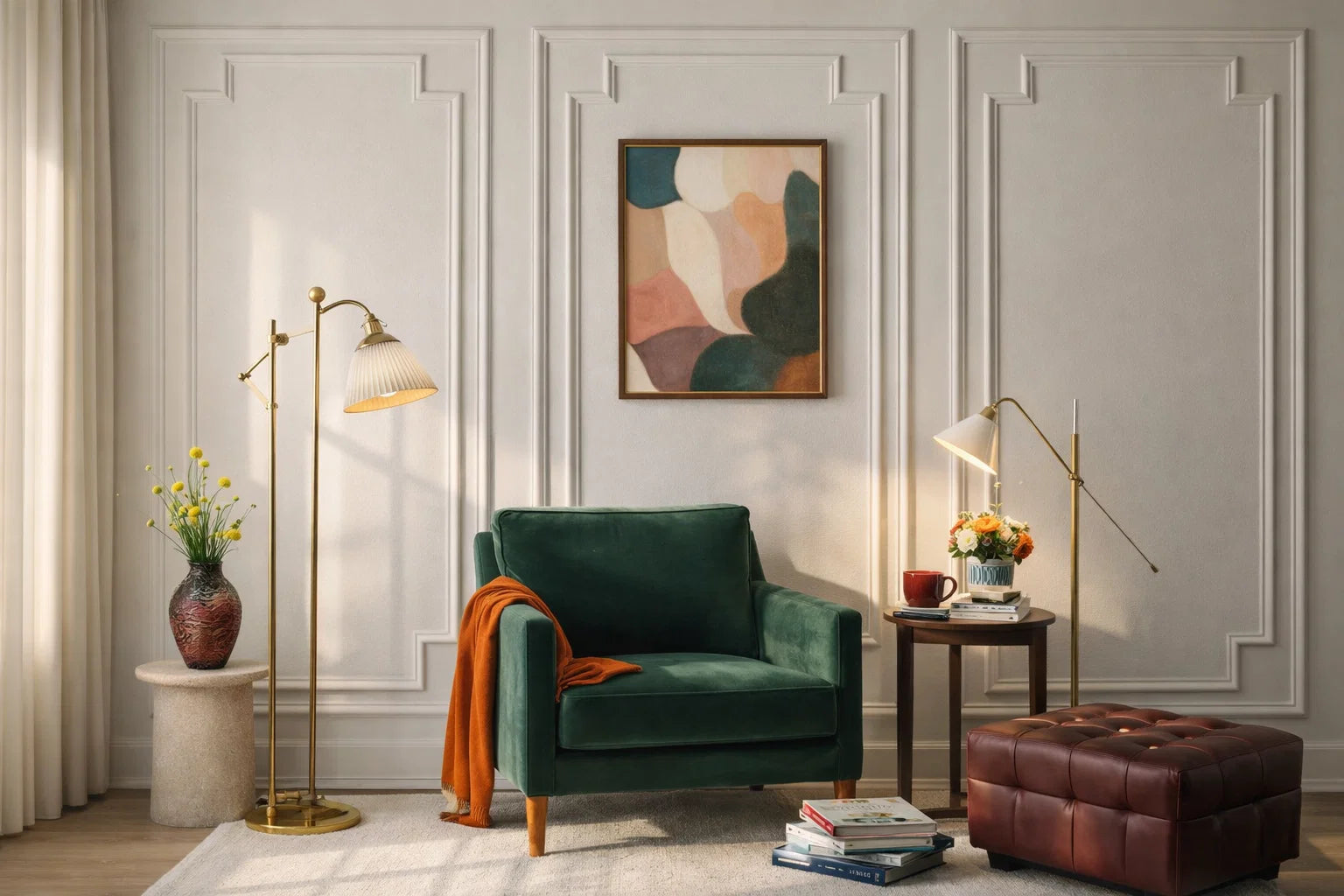 A styled living room scene featuring a deep green velvet armchair as the central product, with an orange throw blanket draped over it. The chair is set against a white paneled wall, flanked by a gold floor lamp on the left and a small side table with a brass floor lamp on the right.