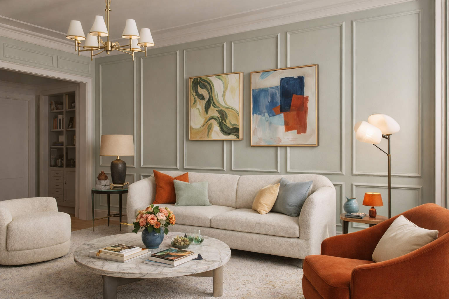 DIY decorative wall panel kit designed to help homeowners build stylish picture frame accent walls. Living room with a beige sofa, orange armchair, and abstract art on the wall.