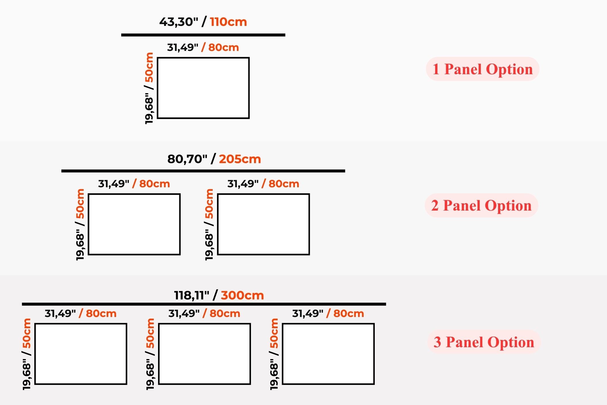 A size chart diagram showing three panel options with dimensions in centimeters and inches, labeled 1 Panel Option, 2 Panel Option, and 3 Panel Option on a light gray background.