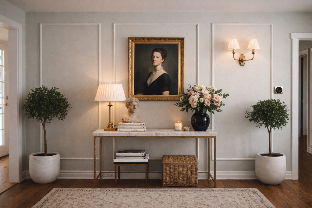 three-panel wall molding kit, accent wall trim panels, decorative interior wall molding design- Elegant interior with a portrait, lamp, and decorative items on a console table.