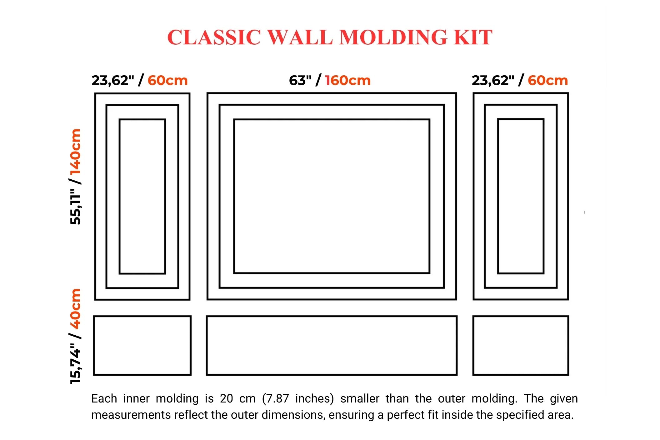 A wall molding kit layout diagram showing three rectangular molding templates with labeled outer dimensions in inches and centimeters, plus a note about each inner molding being 20 cm smaller than the outer molding.