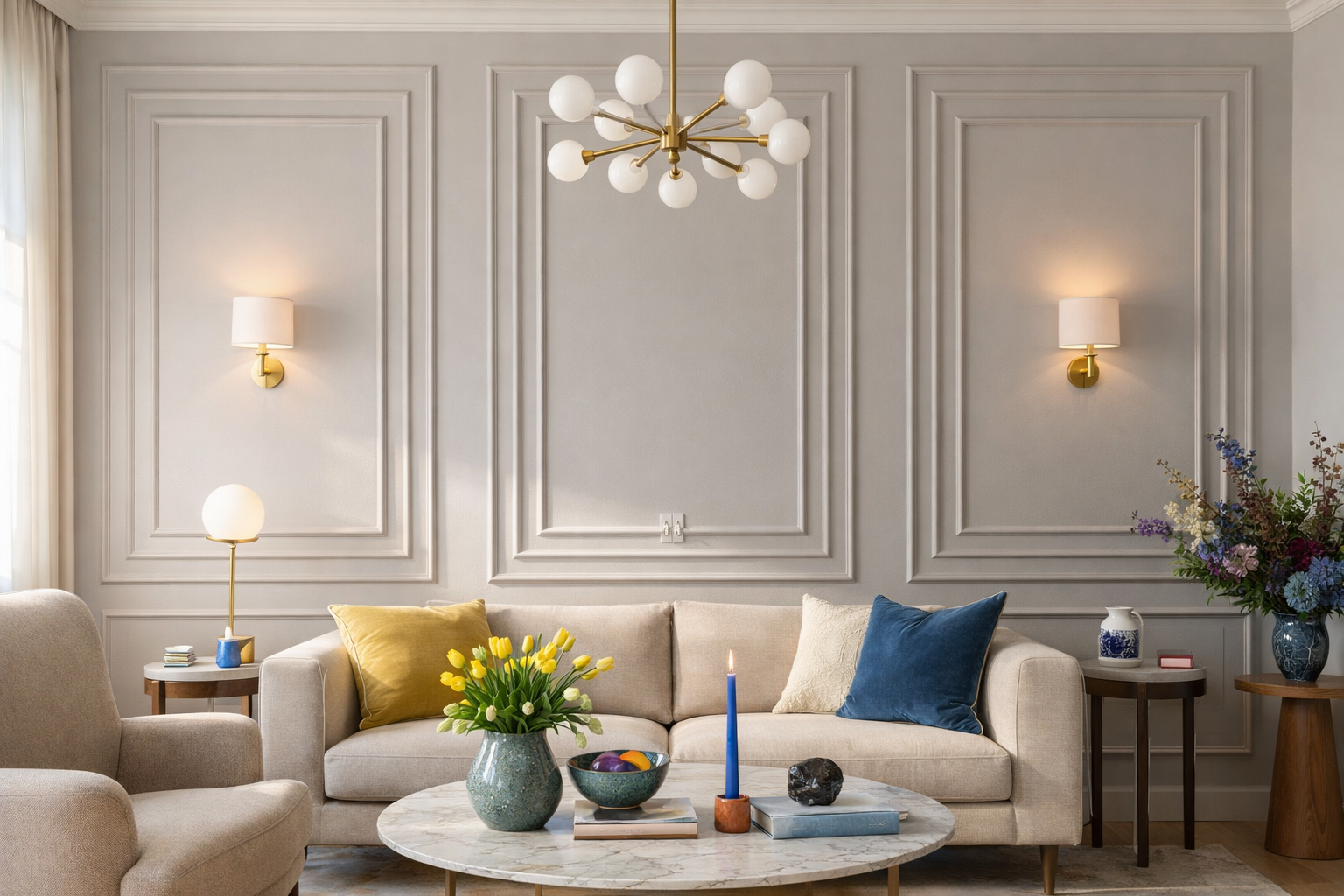 modern living room with decorative tripled wall molding design