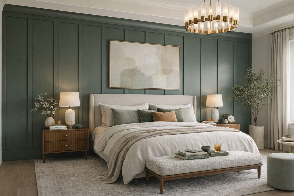 vertical board and batten wall panels creating decorative accent wall-Modern bedroom with green paneled walls, a bed, nightstands, and decorative items.