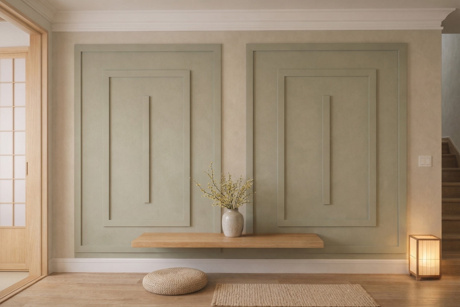 Minimalist interior with green paneled walls, wooden shelf, and decorative items.