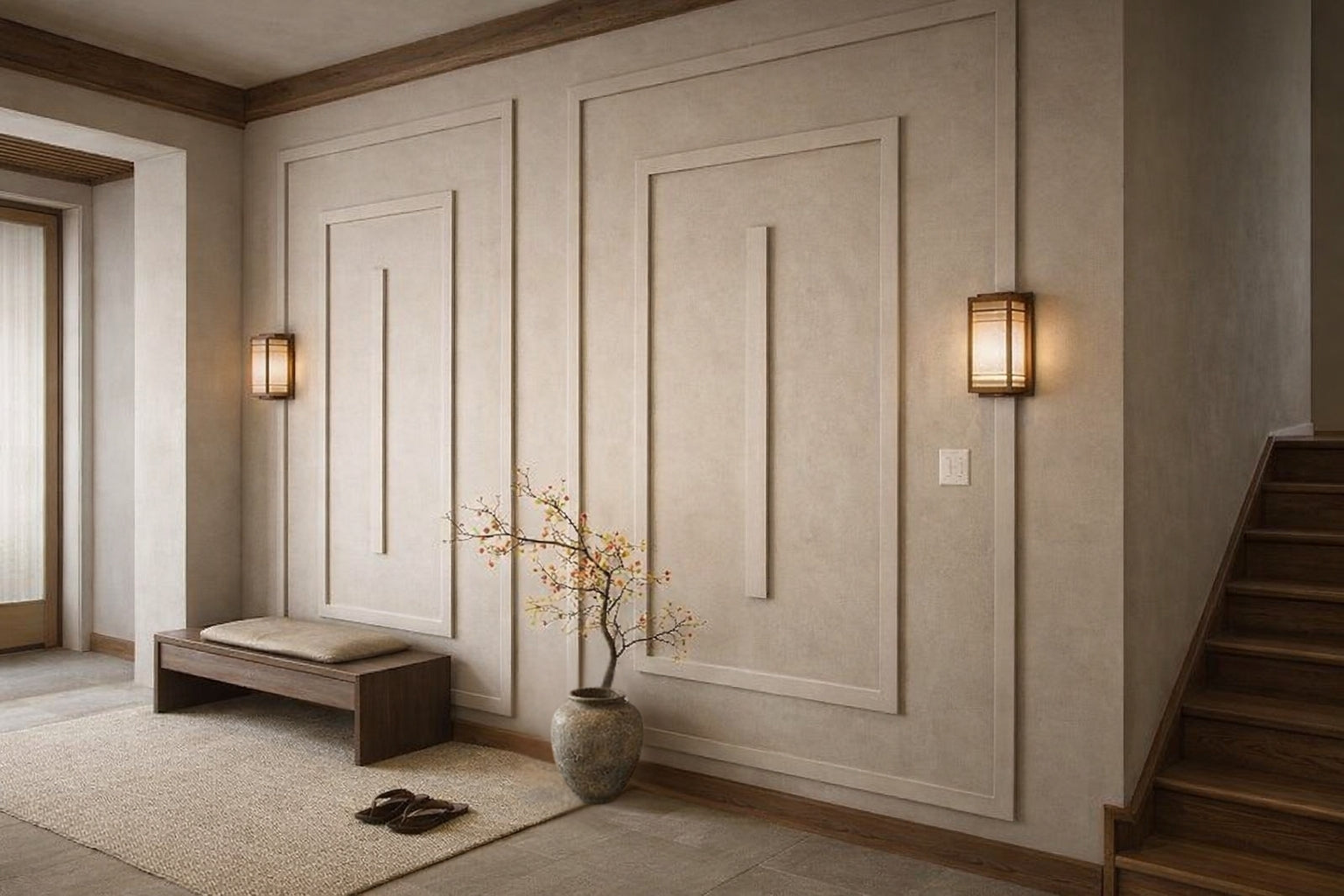 Modern interior with neutral walls, a bench, and decorative nested framed wall molding design.