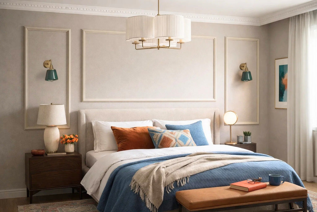 A beautifully styled bedroom featuring a bed dressed in blue and white linens with accent pillows, flanked by dark wood nightstands with lamps, set against a beige paneled wall.