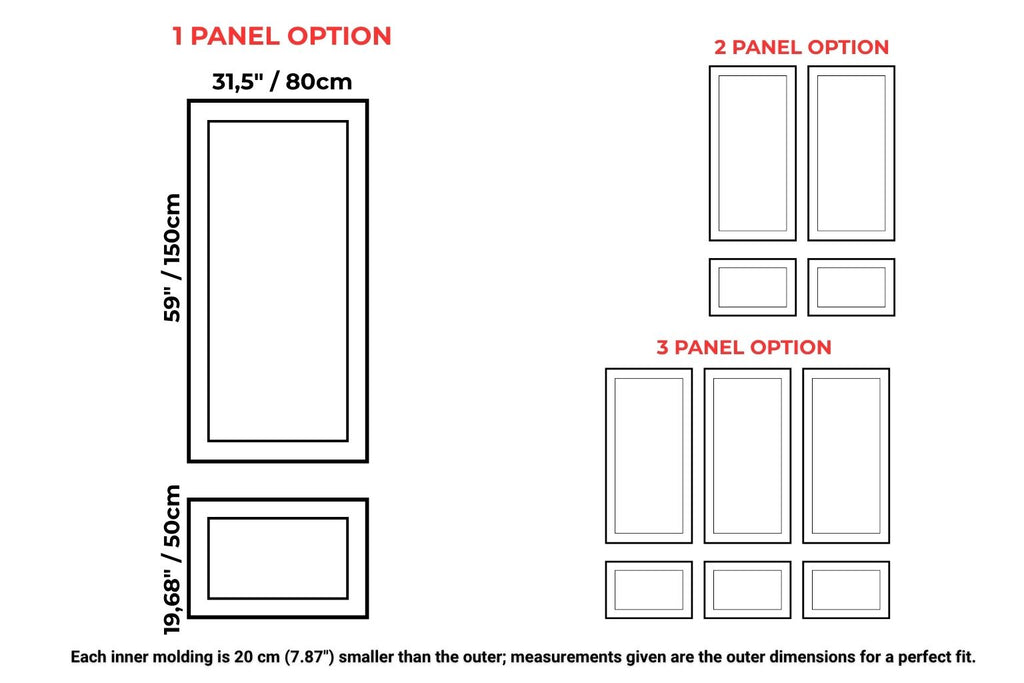 wall molding kit measurement chart of rectangular frames with dimensions in inches and centimeters.