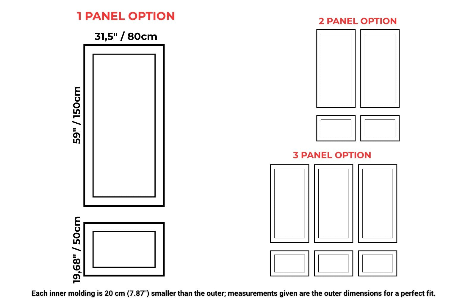 wall molding kit measurement chart of rectangular frames with dimensions in inches and centimeters.