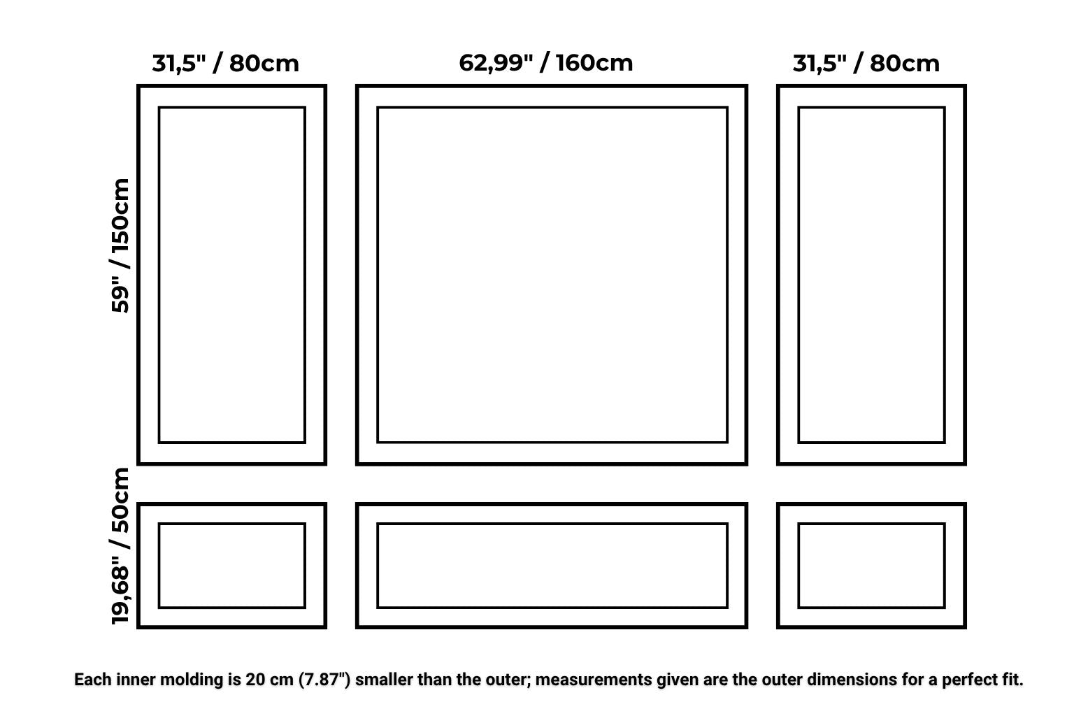 nested frame wall molding kit measurements diagram showing panel dimensions for picture frame wall molding accent wall layout