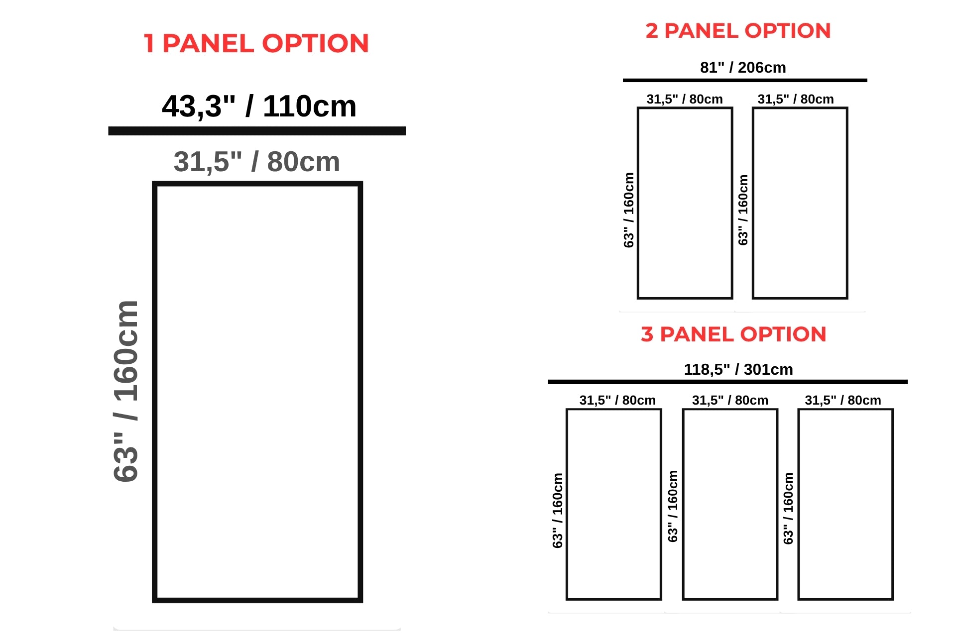 Diagram showing different panel options with dimensions in inches and centimeters.
