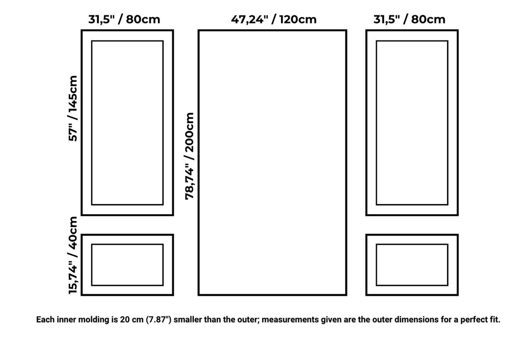 wall molding kit measurements diagram showing panel dimensions for picture frame wall molding accent wall layout