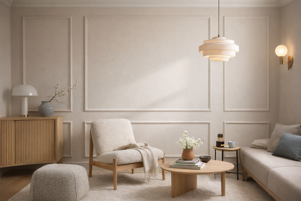 Modern living room with wall molding kit, neutral tones, wooden furniture, and decorative elements.