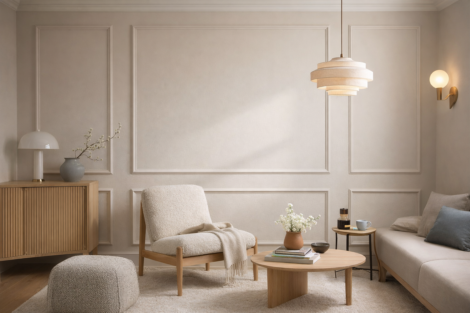 Modern living room with wall molding kit, neutral tones, wooden furniture, and decorative elements.