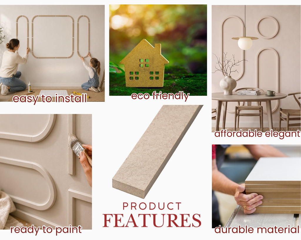 Collage of product features with text on installation, eco-friendliness, affordability, elegance, paintability, and material durability.