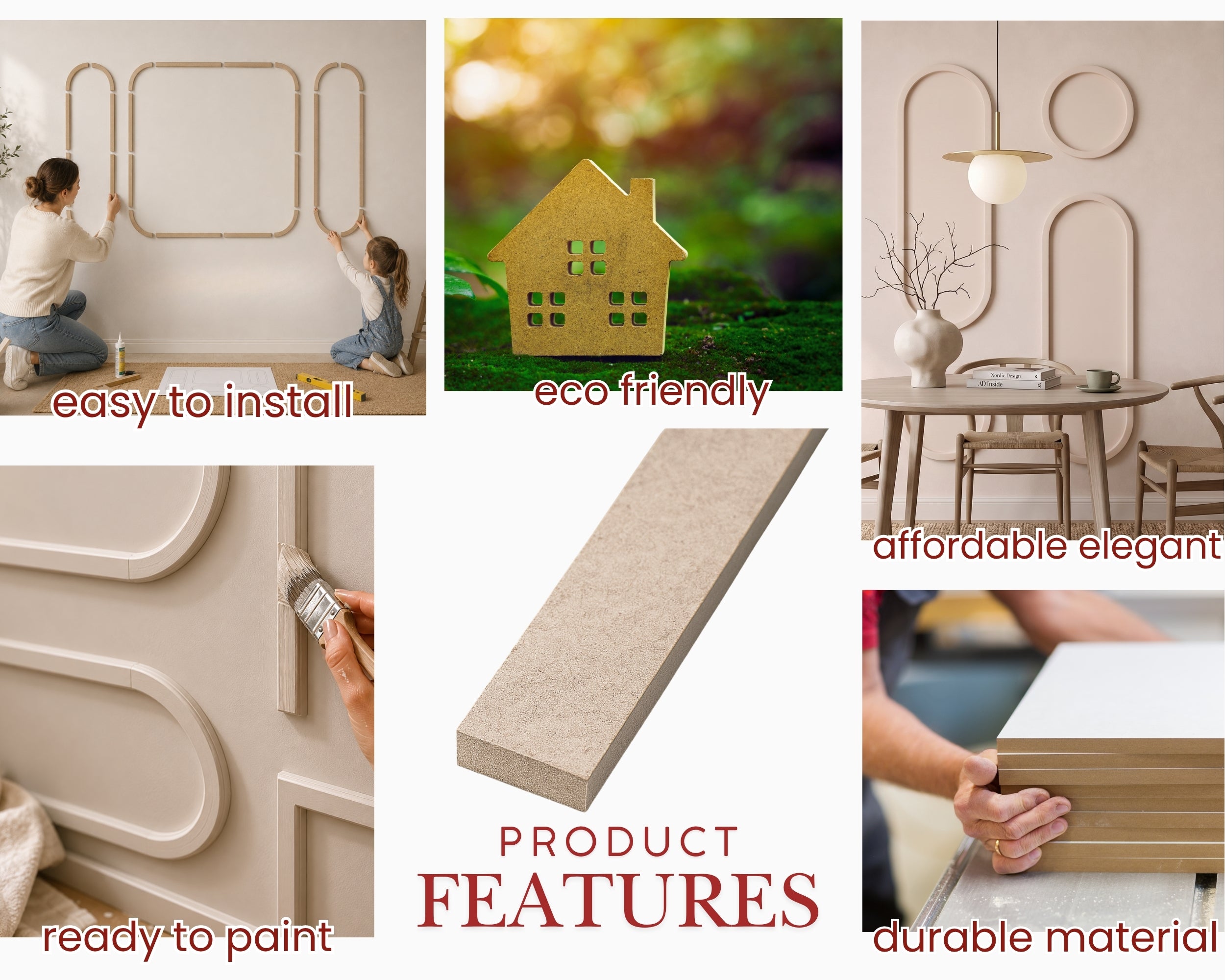 Collage of product features with text on installation, eco-friendliness, affordability, elegance, paintability, and material durability.