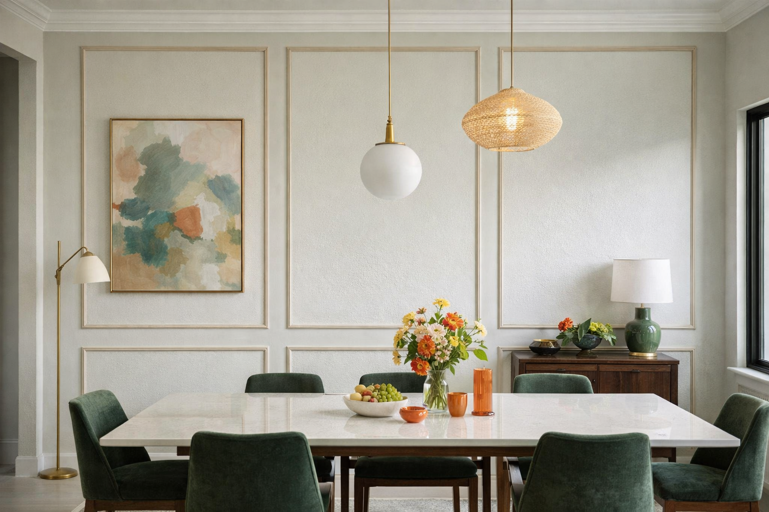Dining room with a table set for a meal, featuring chairs, a vase with flowers, and decorative wall trim.