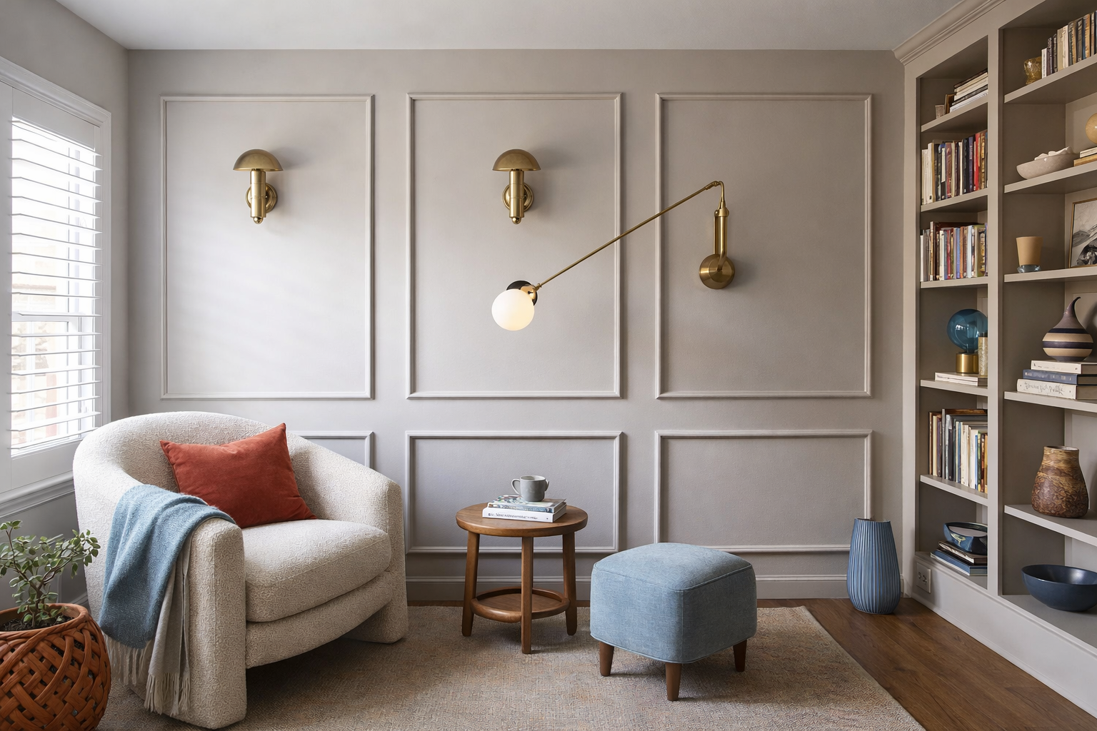 Cozy living room with framed wall panel, armchair, ottoman, and bookshelf.