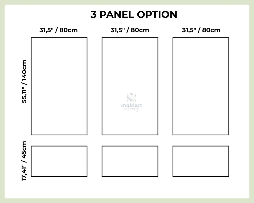 wall molding kit measurements diagram showing 3 panel dimensions for picture frame wall molding accent wall layout
