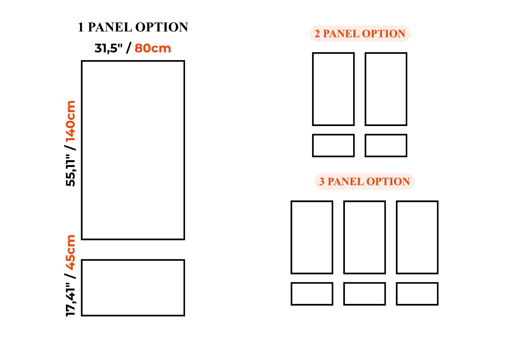 A size diagram showing panel layout options with dimensions: one large panel option labeled 31,5 in / 80 cm by 55,1 in / 140 cm, and two smaller panel options labeled 2 panel option and 3 panel option with multiple rectangular sections.