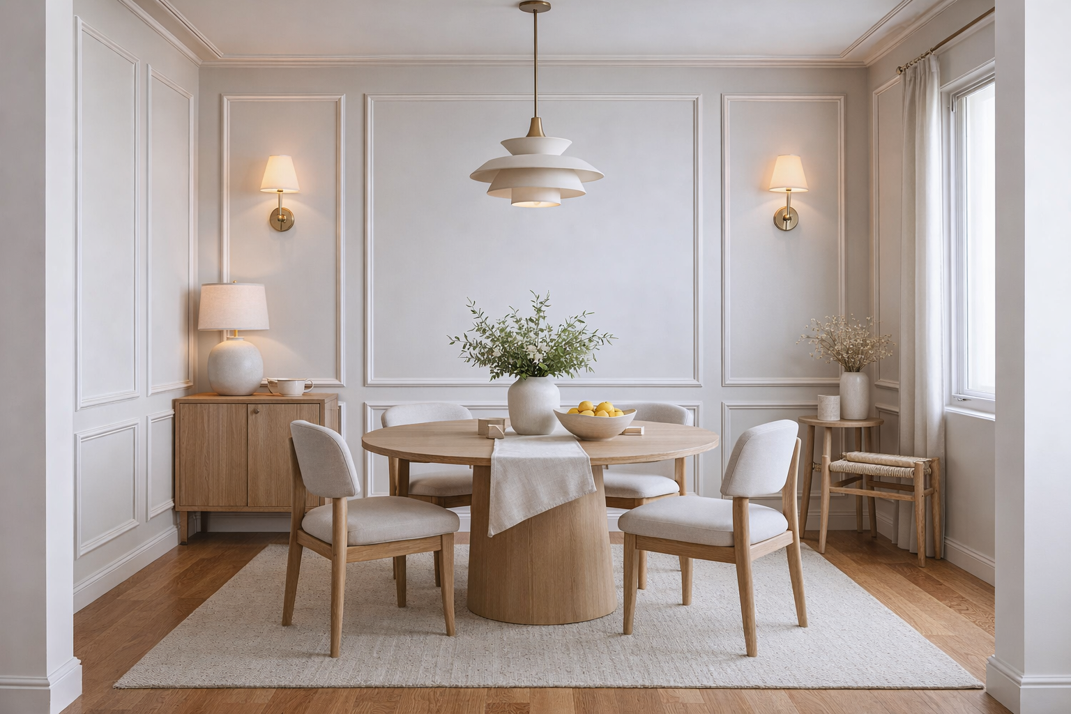 Modern dining room with wooden table and chairs, neutral decor, and pendant light.