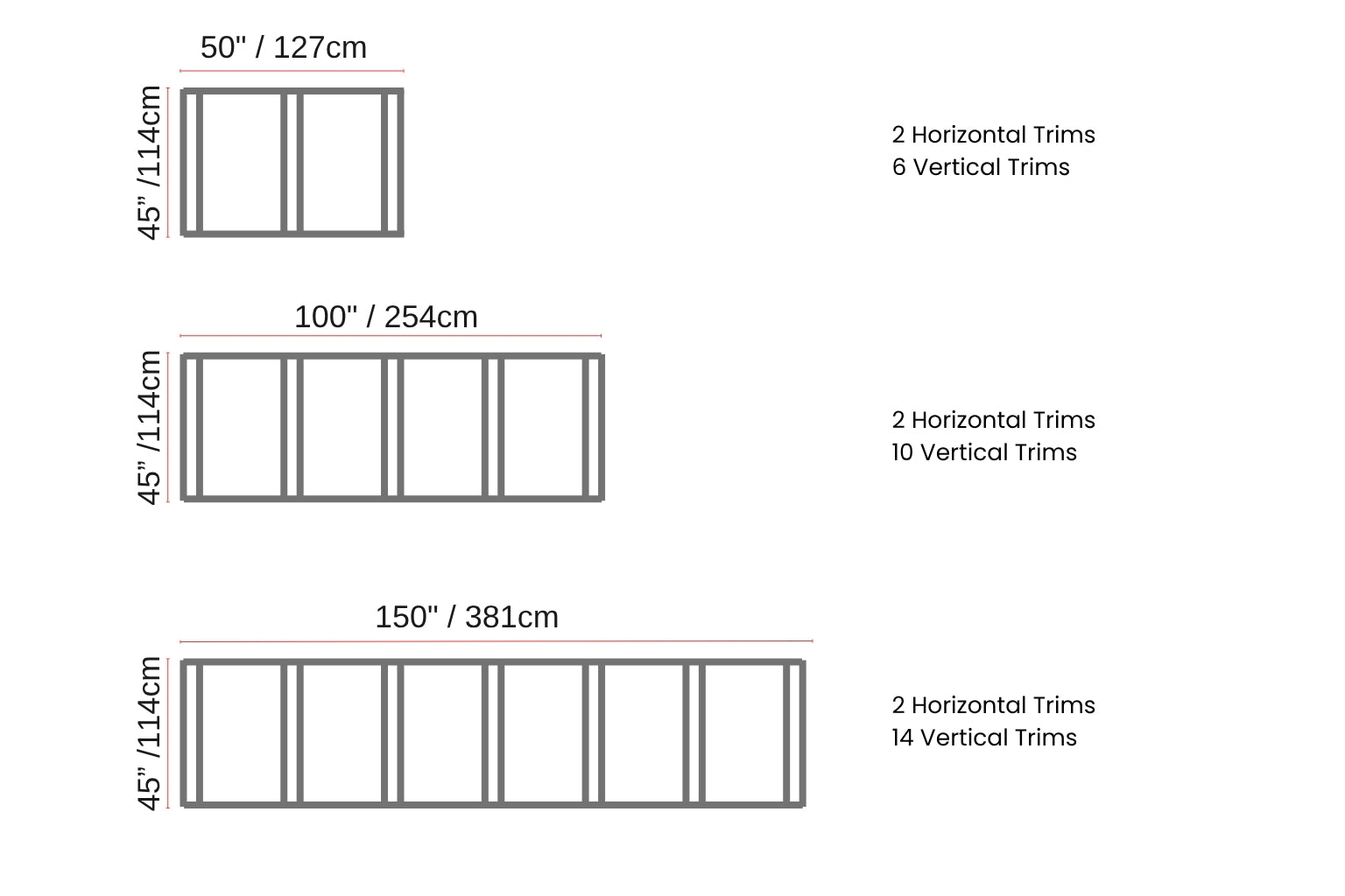 Wall molding kit dimensions showing 50 inch, 100 inch and 150 inch layout options with complete panel measurements and trim placement guide.