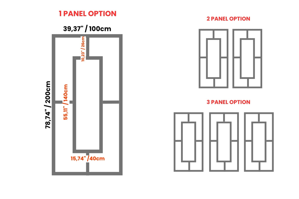 Diagram showing different panel options with dimensions on a white background