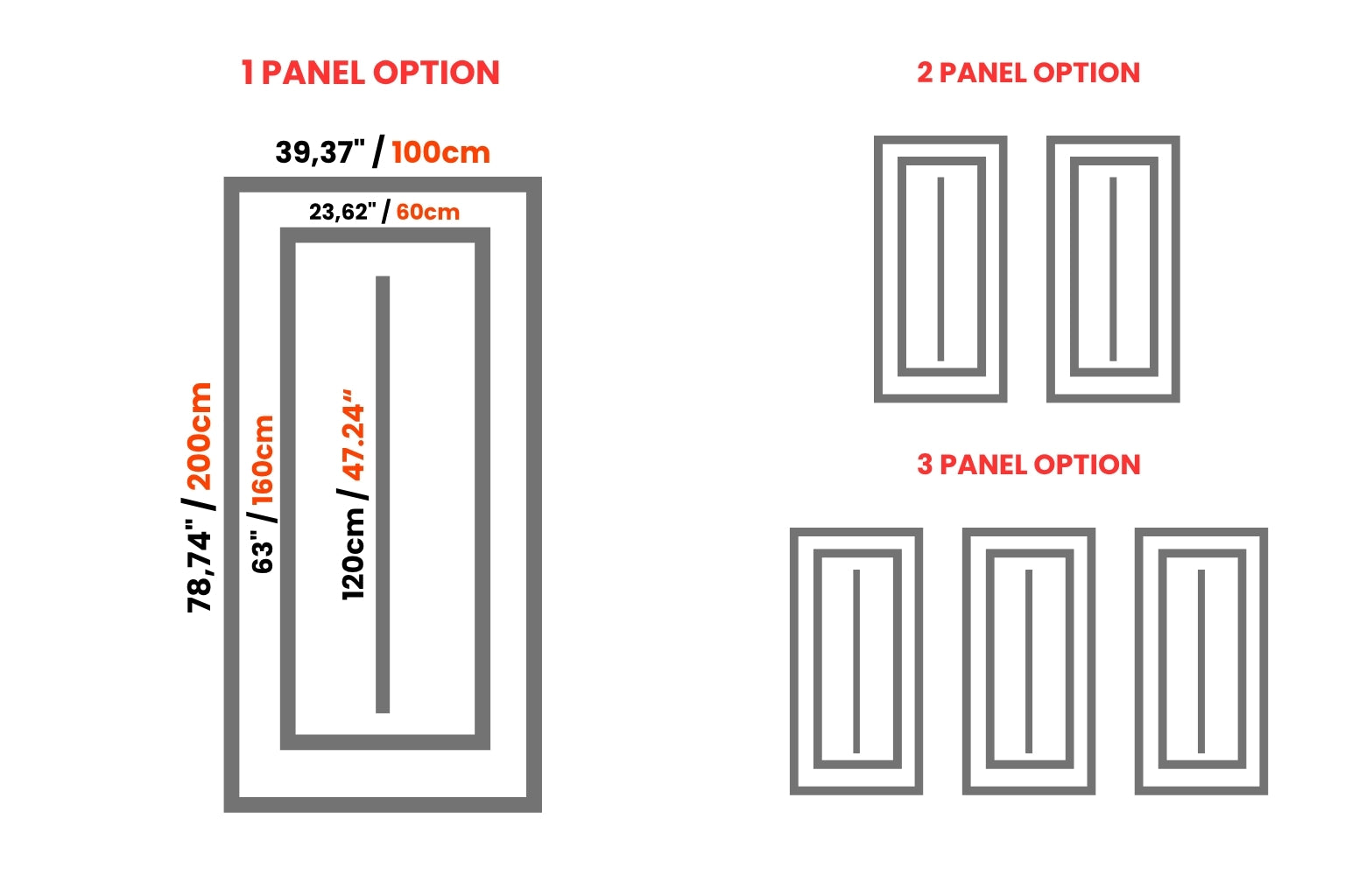 Wall molding panel kit dimensions showing 1 panel, 2 panel, and 3 panel layout options with detailed measurements for installation.