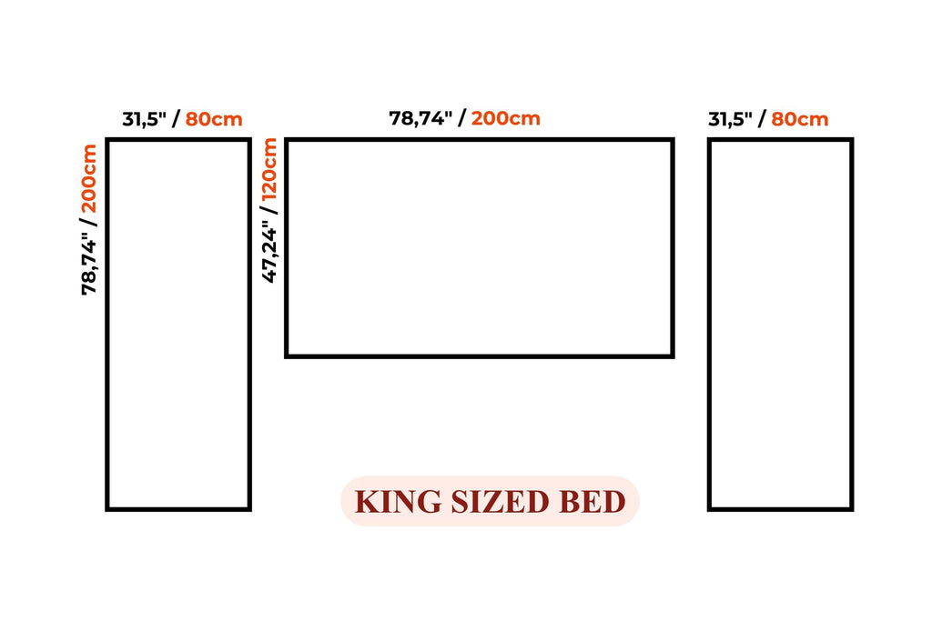 A simple diagram showing three rectangular room sections labeled with dimensions in inches and centimeters, with the text 'KING SIZED BED' below. This is auxiliary informational content rather than a product photo.