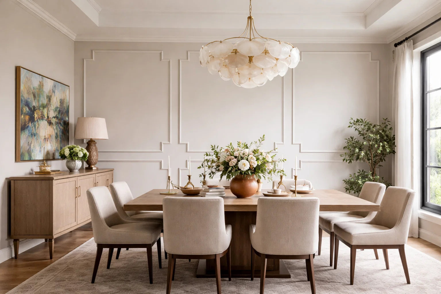 A styled dining room interior featuring a rectangular wooden dining table surrounded by six upholstered dining chairs in a light beige fabric. A large, modern chandelier with a cloud-like cluster of white glass globes hangs above the table.