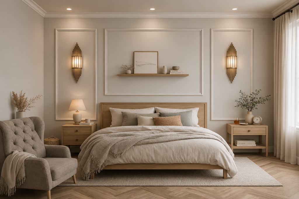 A beautifully styled bedroom featuring a light wood bed frame with beige and gray linens, matching wooden nightstands, two gold-toned wall sconces, a tufted armchair, and a light rug on a herringbone wood floor.